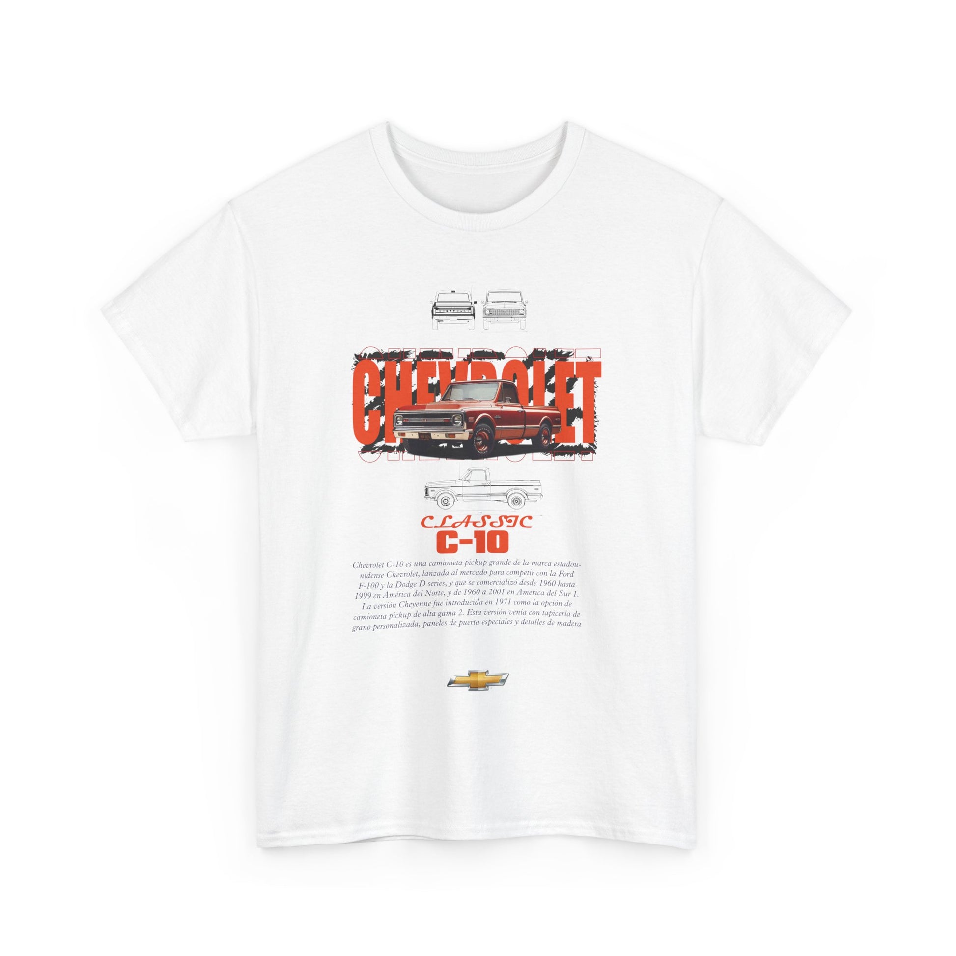 Sophisticated white t-shirt adorned with a dynamic Chevrolet C-10 graphic, capturing the essence of vintage automotive styling for the discerning car lover.
