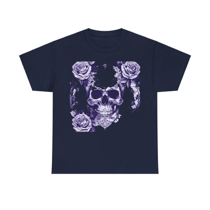 Front view of a navy Skulls and Roses Cotton Tee, showcasing the bold graphic design, ideal for those seeking a statement piece.