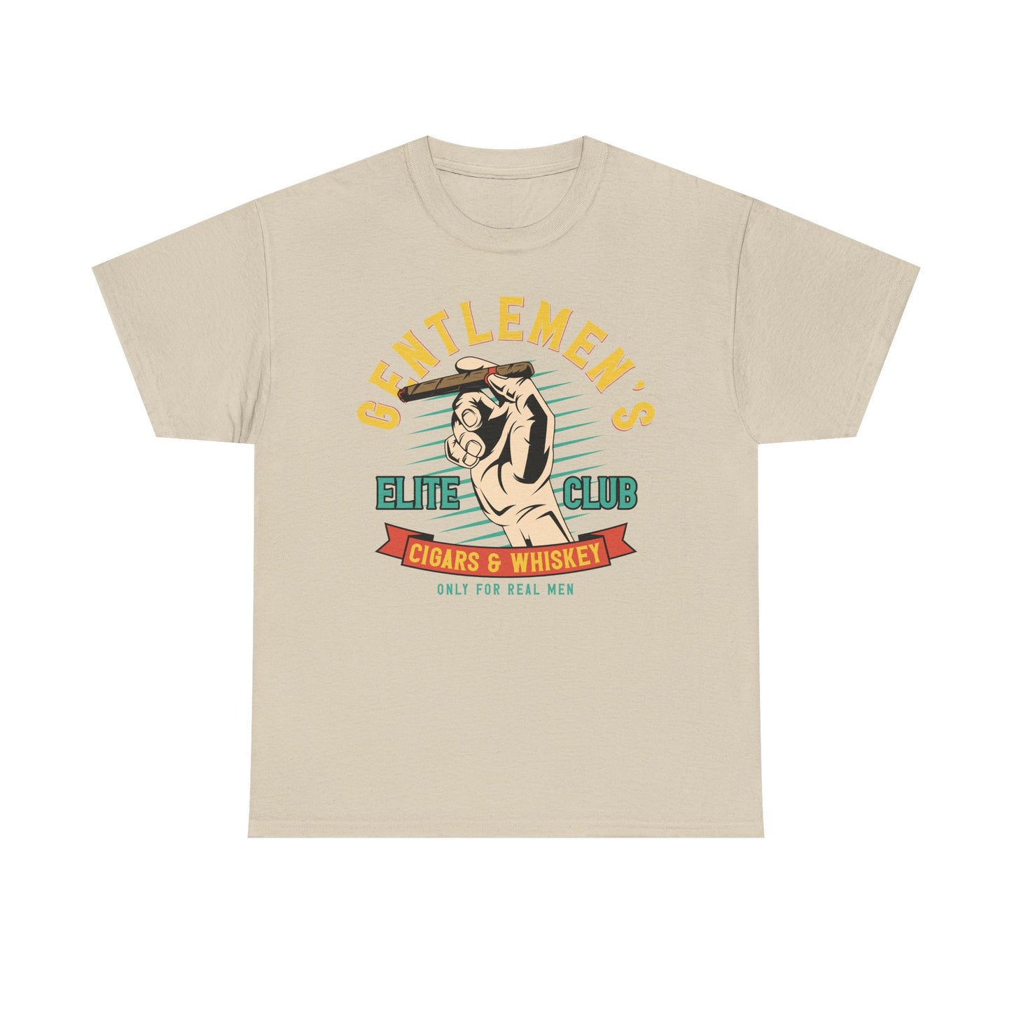 Elite Club Men's T-Shirt in beige adorned with a classic graphic illustration of a hand holding a cigar, featuring the text 'GENTLEMEN'S ELITE CLUB CIGARS & WHISKEY ONLY FOR REAL MEN' for stylish appeal.