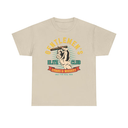 Elite Club Men's T-Shirt in beige adorned with a classic graphic illustration of a hand holding a cigar, featuring the text 'GENTLEMEN'S ELITE CLUB CIGARS & WHISKEY ONLY FOR REAL MEN' for stylish appeal.