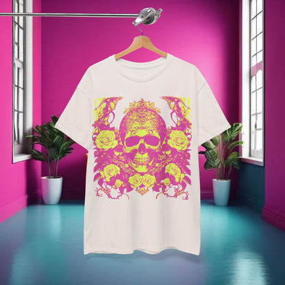Skulls and Roses Cotton Tee displayed elegantly in a vibrant interior, showcasing the striking graphic design that combines edgy skull motifs with delicate roses, perfect for fashion enthusiasts seeking a luxury style.