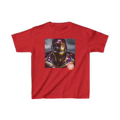 Kids Heavy Cotton Iron Man T-Shirt featuring a striking Iron Man graphic in vibrant red colour, perfect for young superhero enthusiasts.