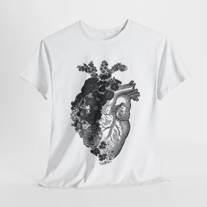 Elegant white cotton graphic t-shirt featuring a vintage anatomical heart design intertwined with intricate floral elements, symbolising the beauty of life and nature.