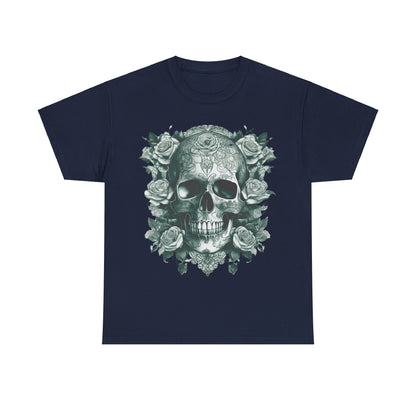 Front view of the Skulls and Roses Cotton Tee, showcasing an intricate skull design surrounded by roses on a navy background, perfect for alternative fashion enthusiasts.