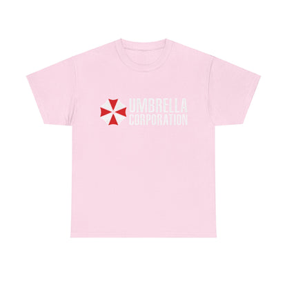 Umbrella Corporation Graphic Unisex Tee Shirt designed with a bold red and white logo on stylish pink material, a must-have for discerning pop culture enthusiasts.