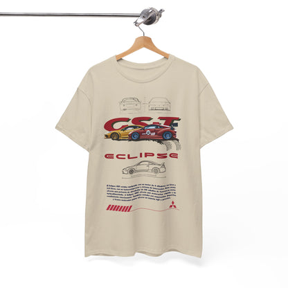 Elegant Mitsubishi Eclipse GST men's tee elegantly displayed on a hanger, highlighting sophisticated car graphics and premium fabric quality, catering to car lovers.