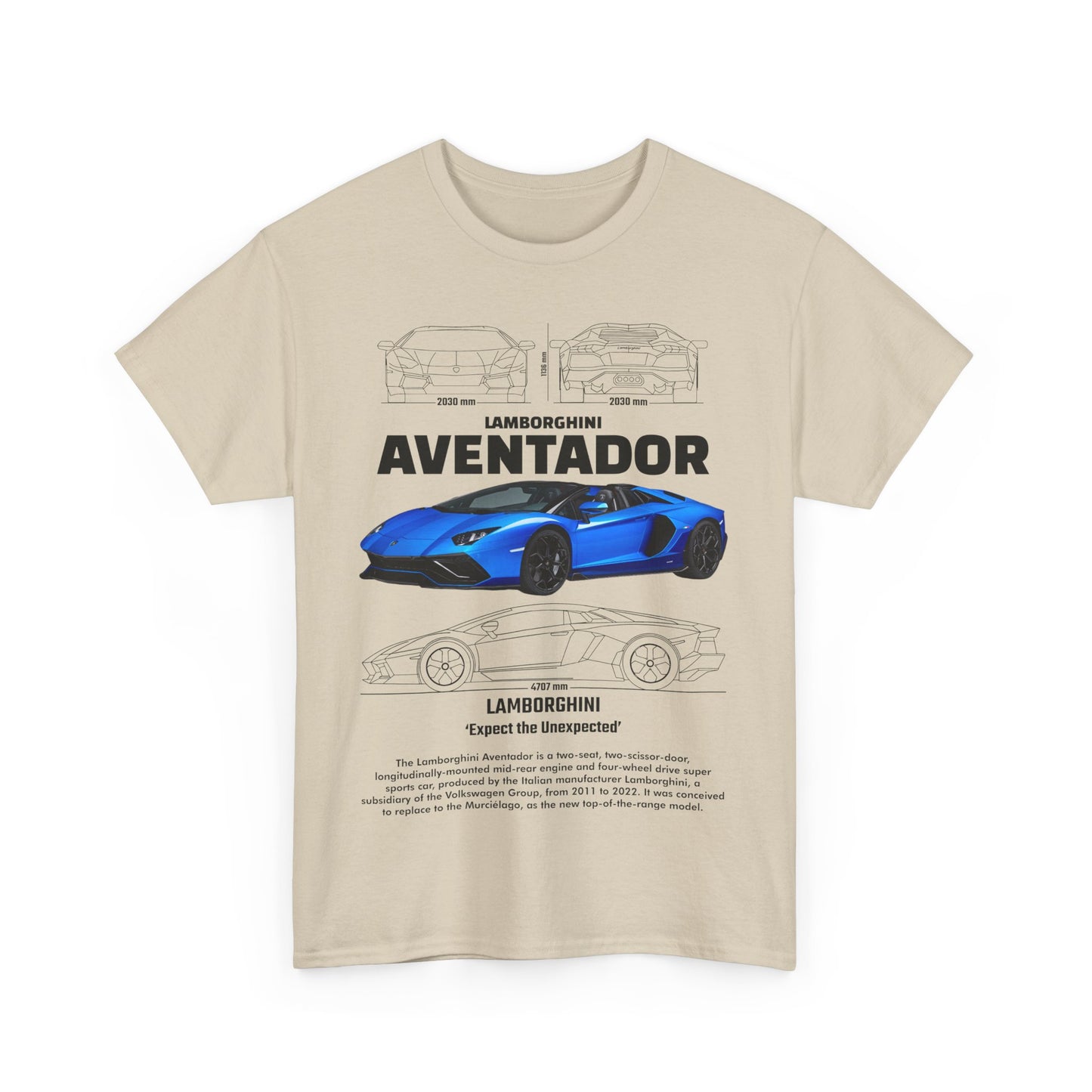 Front view of a chic beige men's T-shirt adorned with a striking blue Lamborghini Aventador illustration, appealing to car aficionados.