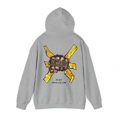 Chic grey hoodie elegantly showcasing a dynamic back print of a fist and contrasting yellow signage, embodying a blend of art and fashion for the discerning wardrobe.