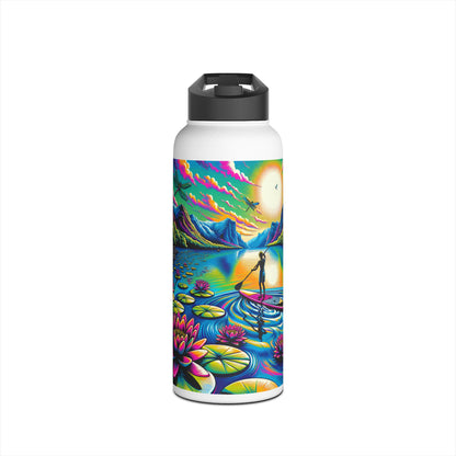 Chic Fantasy Paddleboarding Stainless Steel Water Bottle with eye-catching design of paddleboarder on tranquil waters surrounded by nature, the epitome of luxury hydration gear.