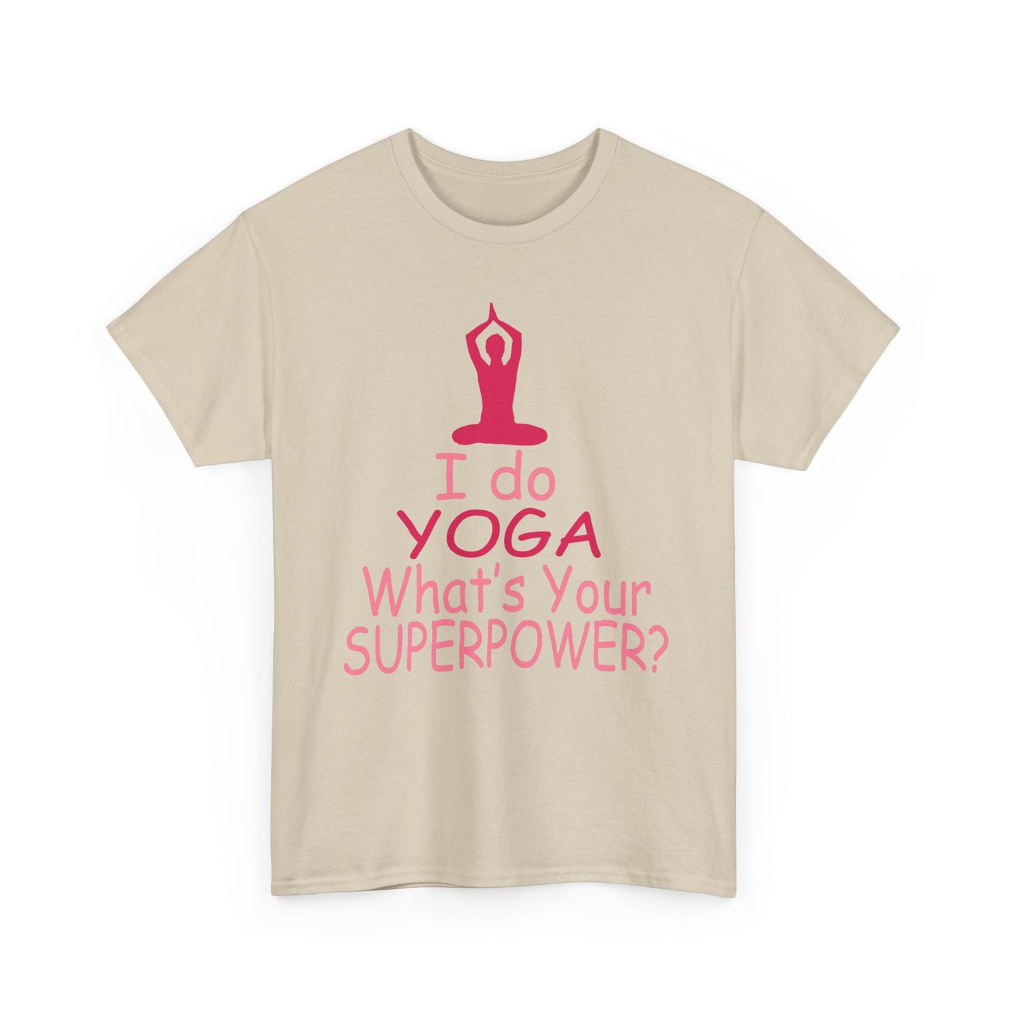 Chic front view of a beige T-shirt featuring a striking yoga graphic, motivational slogan, and silhouette, perfect for mindful living.