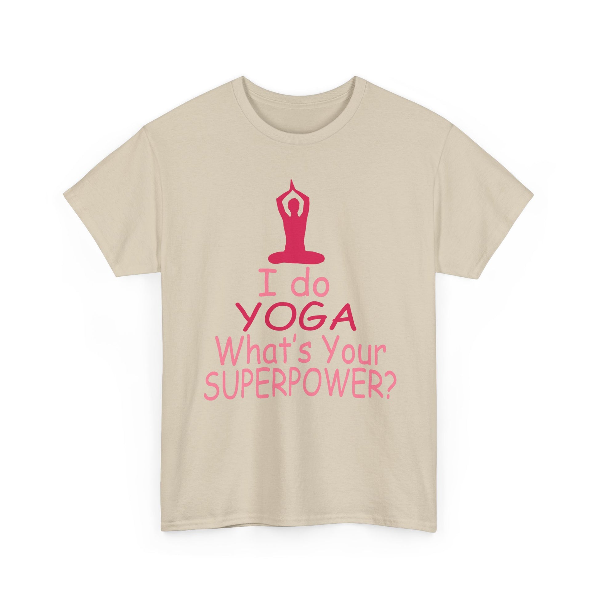Chic front view of a beige T-shirt featuring a striking yoga graphic, motivational slogan, and silhouette, perfect for mindful living.