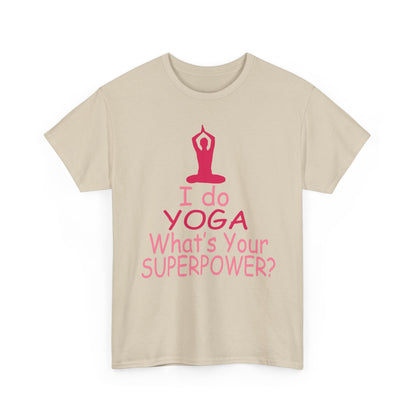 Chic front view of a beige T-shirt featuring a striking yoga graphic, motivational slogan, and silhouette, perfect for mindful living.