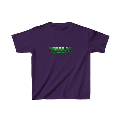 Kids Incredible Hulk Heavy Duty T-Shirt in rich purple, prominently displaying the Hulk logo, ideal for adventurous little ones.