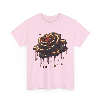 Close-Up Abstract Rose Unisex Cotton Tee Graphic T Shirt featuring a striking artistic rose design with molten reddish-bronze and copper elements on a soft pink background, perfect for making a bold fashion statement.