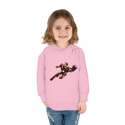 Luxury Kids Unisex Iron Man in Flight Hoodie, front view worn by a young girl, vibrant fleece sweater for ages 2-5 years.