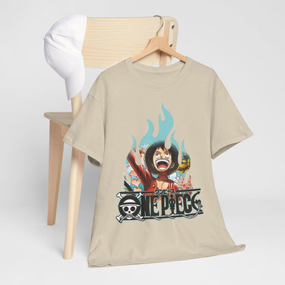 Elegant men's graphic tee displayed on a minimalist chair, showcasing bright artwork of a character with vibrant flames and iconic logo, embodying style and passion for adventure.