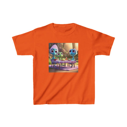 Kids Cute Aliens Heavy Cotton Tee in vibrant orange, showcasing adorable alien characters engaging in playful adventures, perfect for stylish young explorers.