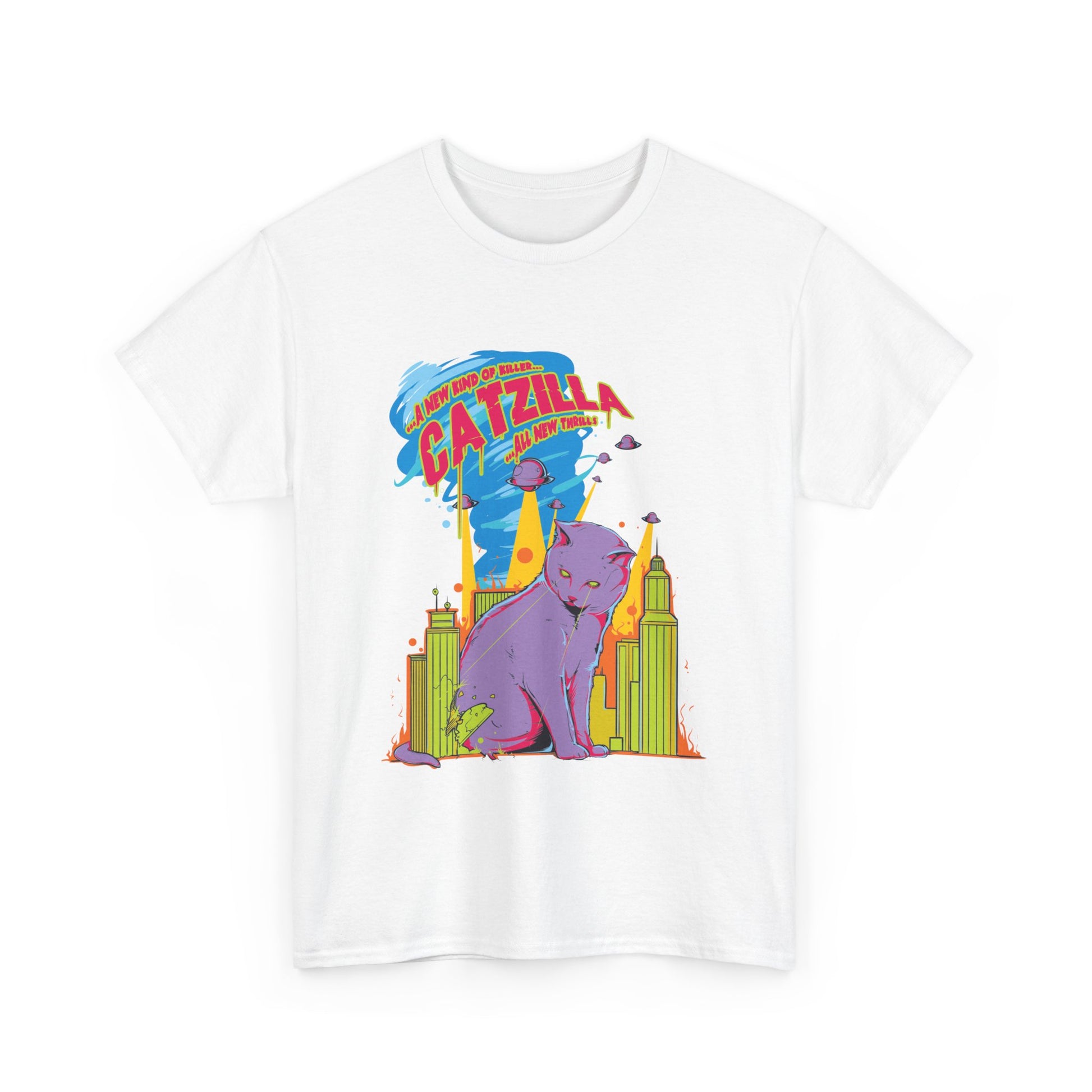 Side view of the Epic Catzilla Men's T-Shirt displaying dynamic background elements and dramatic action scene, a statement piece for bold fashion.