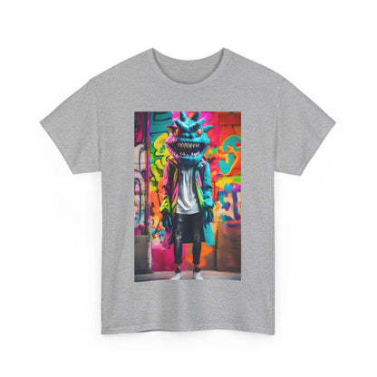 Stylish front view of the Street Monster Graphic T-Shirt featuring a vibrant graphic design that embodies the essence of urban fashion against a lively graffiti background.