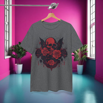 Skulls and Roses Cotton Tee - Unisex Graphic Shirt, elegantly displayed in a contemporary setting with a vibrant pink background.