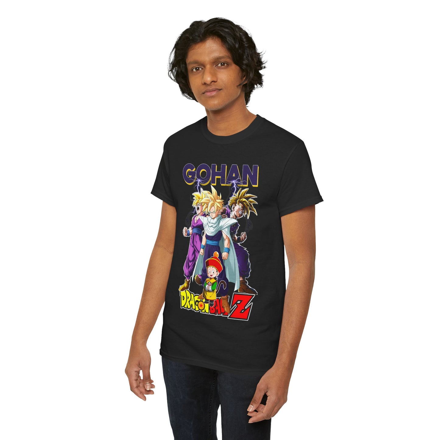 Another model displaying the luxurious Gohan Ascends T-Shirt with detailed anime artwork, presenting stylish comfort for Dragon Ball Z fans.