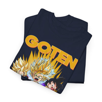 Luxurious Dragon Ball Z 'GOTEN' T-shirt featuring vibrant cartoon designs of iconic characters, perfect for anime enthusiasts.
