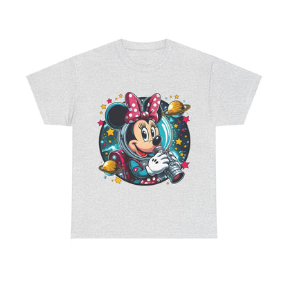 Blast Off with Minnie Mouse Unisex Graphic Tee Shirt with a delightful astronaut Minnie Mouse print on grey fabric, exuding fun and fashionable flair.