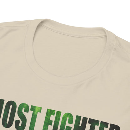 Detail of the luxurious Ghost Fighter T-shirt collar, showcasing quality fabric and eye-catching graphic detail for an elevated fashion statement.