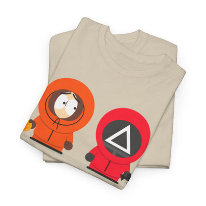 Luxury Squid Game South Park Unisex Men’s Women’s Graphic Cotton Funny T-Shirt featuring a detailed character design, a must-have for fans of comic mashups and pop culture.