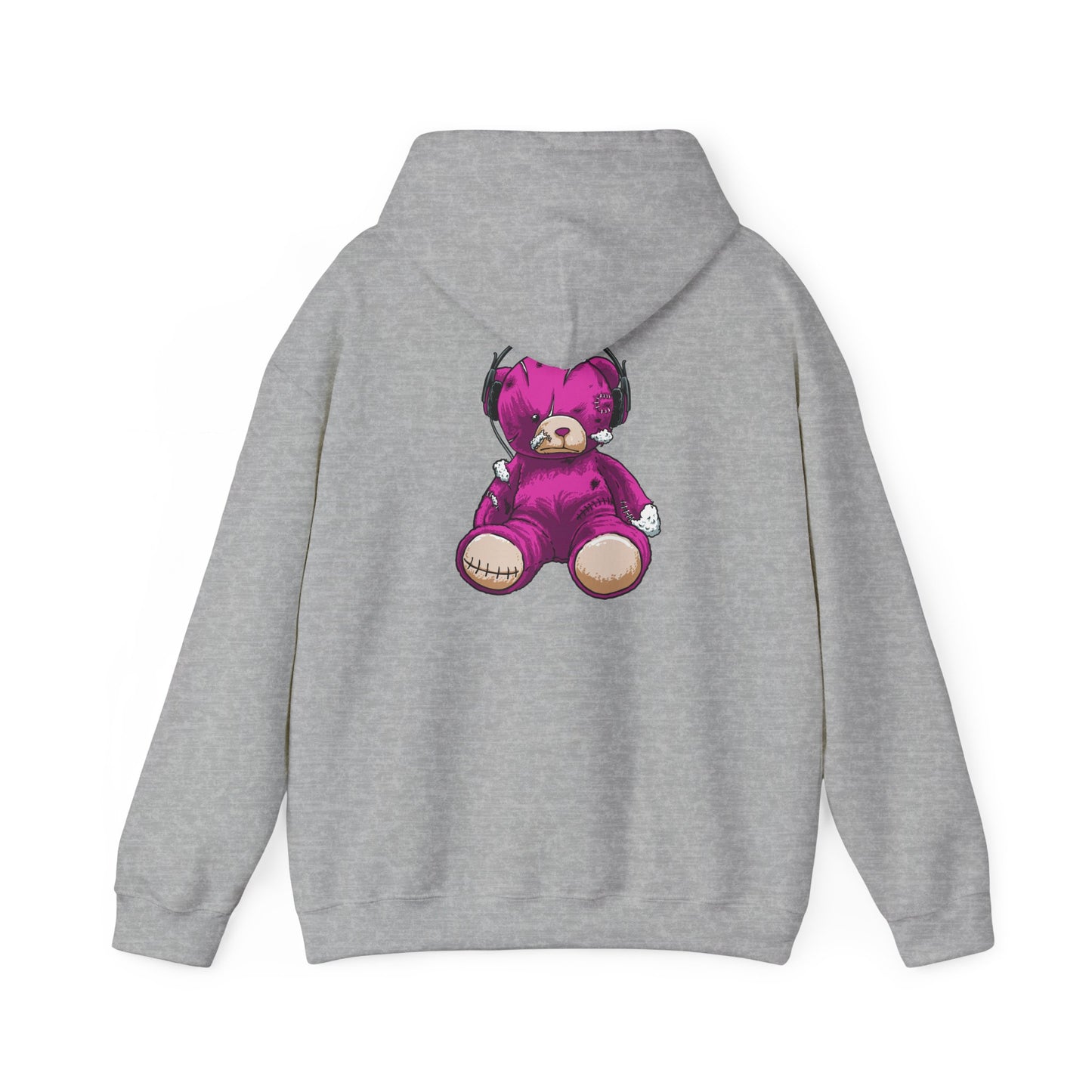 Chic grey hoodie displayed backwards, highlighting the unique graphic of a distressed purple teddy bear, ideal for a trendy statement.