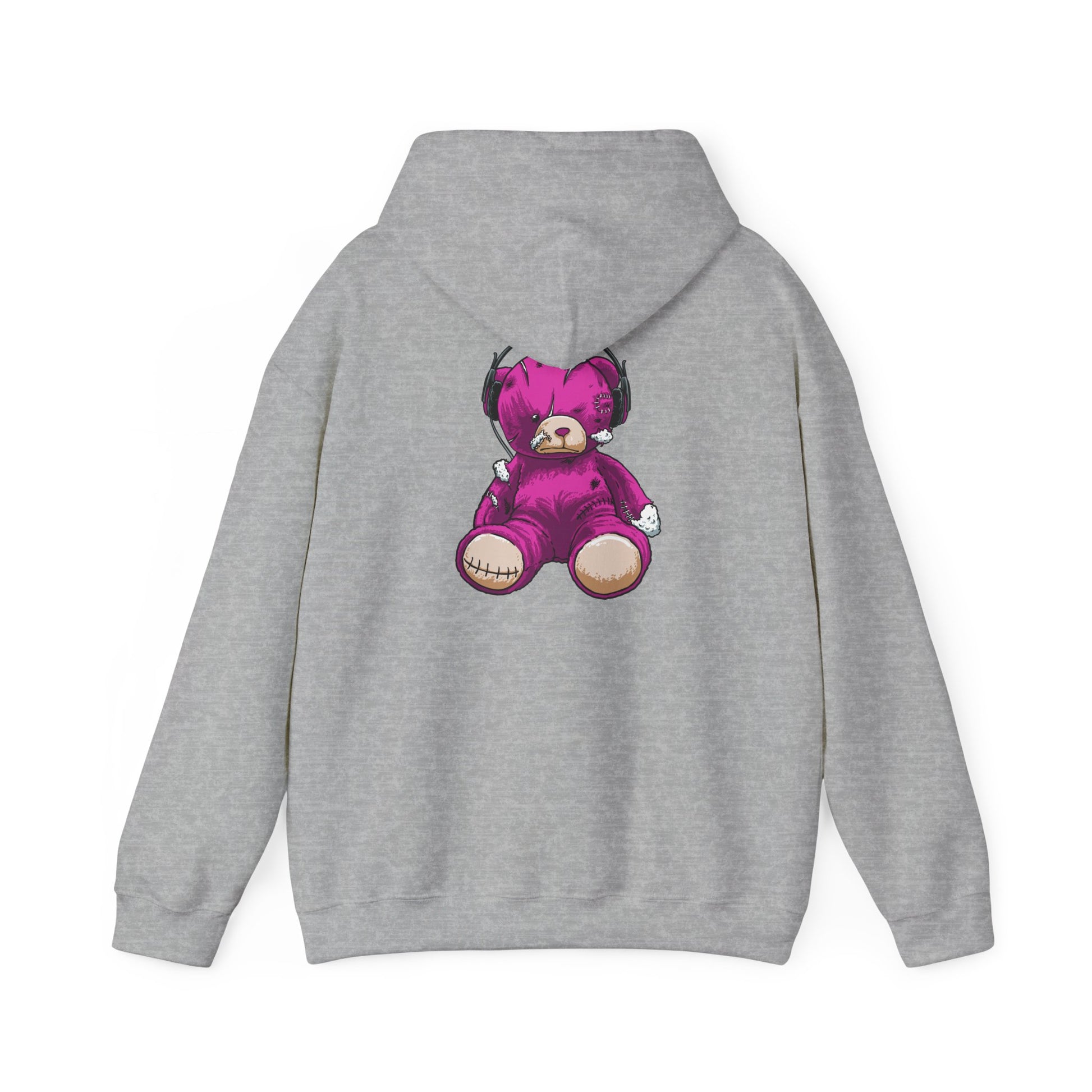 Chic grey hoodie displayed backwards, highlighting the unique graphic of a distressed purple teddy bear, ideal for a trendy statement.