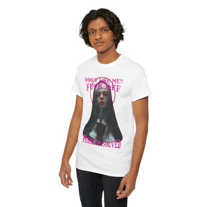 Trendy young man wearing a white T-shirt featuring a striking nun graphic design, with attention-grabbing text asserting personal freedom and rebellion.