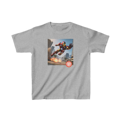 Kids Iron Man Printed Heavy Duty T-Shirt featuring Iron Man in dynamic pose on grey background - 16 vibrant colours available.