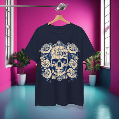 Front view of the Skulls and Roses Cotton Tee, featuring an exquisite steampunk skull and roses graphic, elegantly displayed against a pink interior.