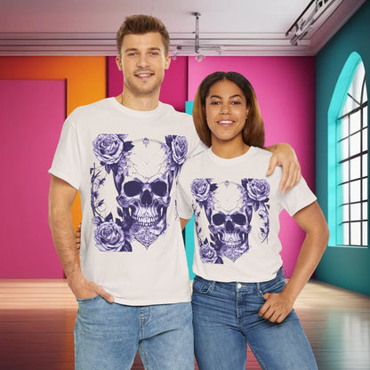 A couple wearing the Skulls and Roses Cotton Tee, exuding edgy elegance with a striking skull and rose design, perfect for statement fashion.