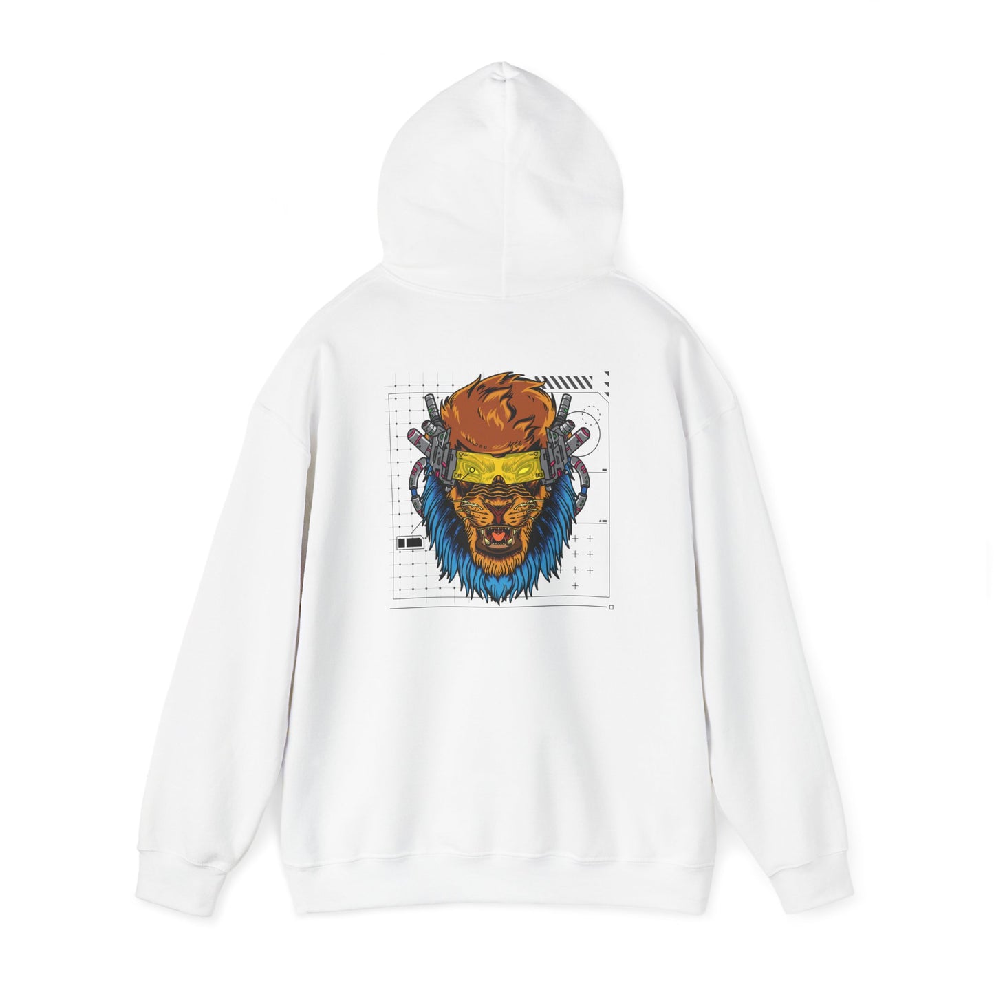 Luxury white hoodie featuring a stunning cyberpunk lion back print with vibrant blue mane and futuristic design elements.