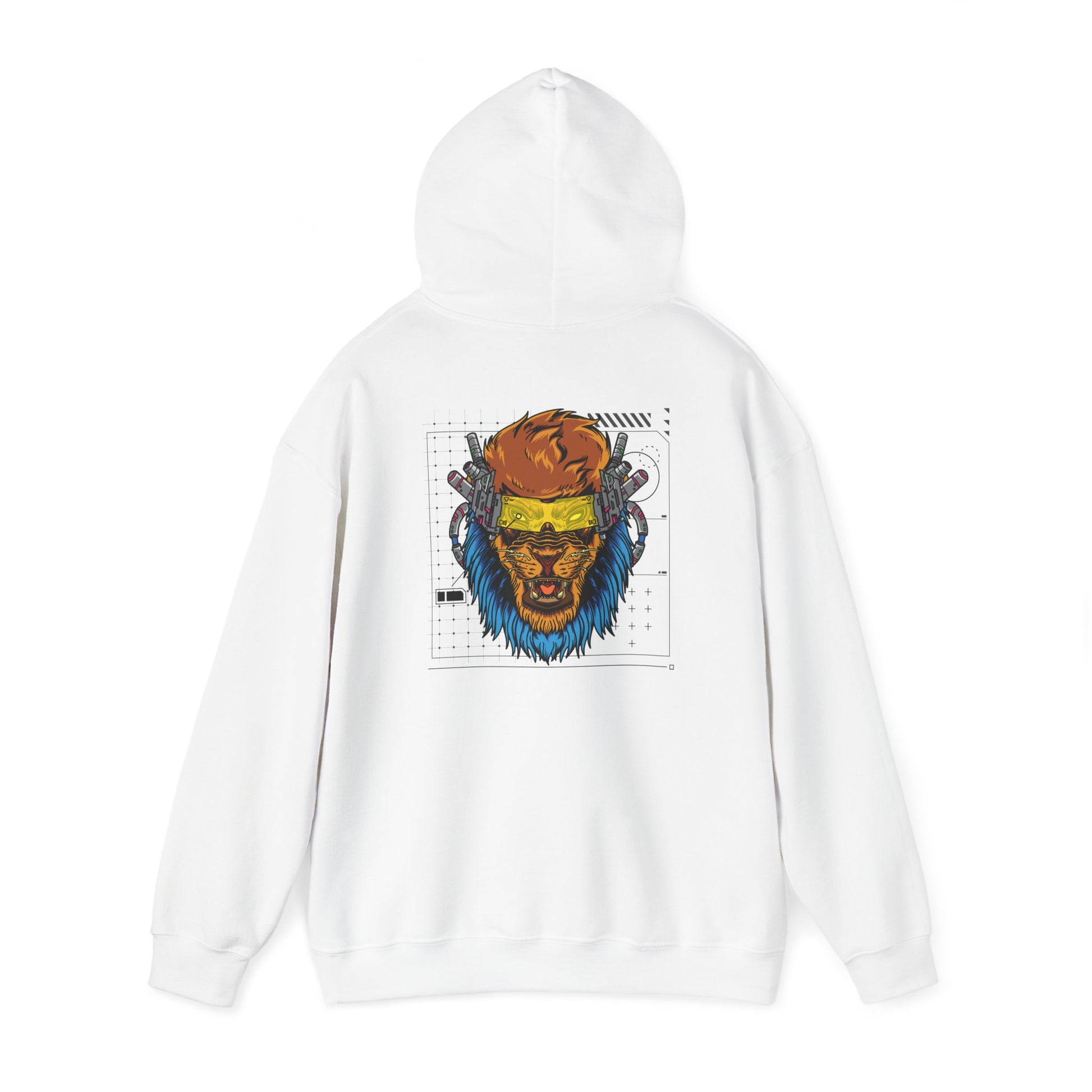Luxury white hoodie featuring a stunning cyberpunk lion back print with vibrant blue mane and futuristic design elements.