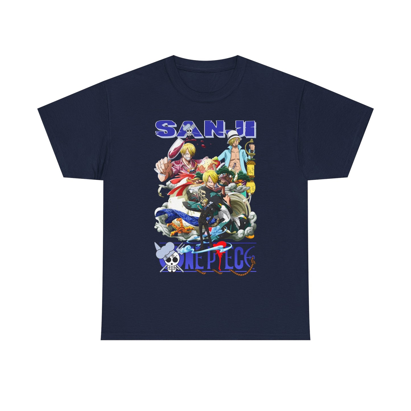 Elegant Sanji Anime Graphic Tee presented in deep navy, showcasing dynamic artwork of Sanji from One Piece. An ideal statement piece for sophisticated anime fans.