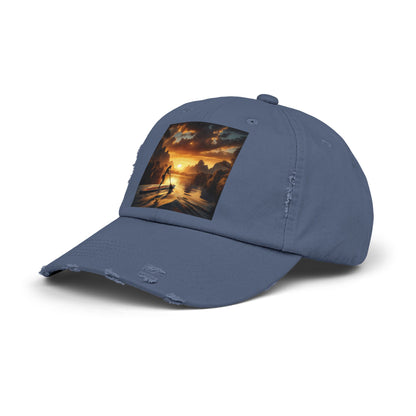Unisex Distressed Paddleboarders Cap - Stylish Sun Protection for Adventurous Water Lovers in a classic blue shade, adorned with a captivating paddleboarding image.