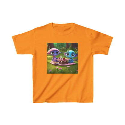 Kids Heavy Cotton Tee featuring cute alien designs, illustrated in a vibrant orange tone, sure to inspire joy and imagination in every child.