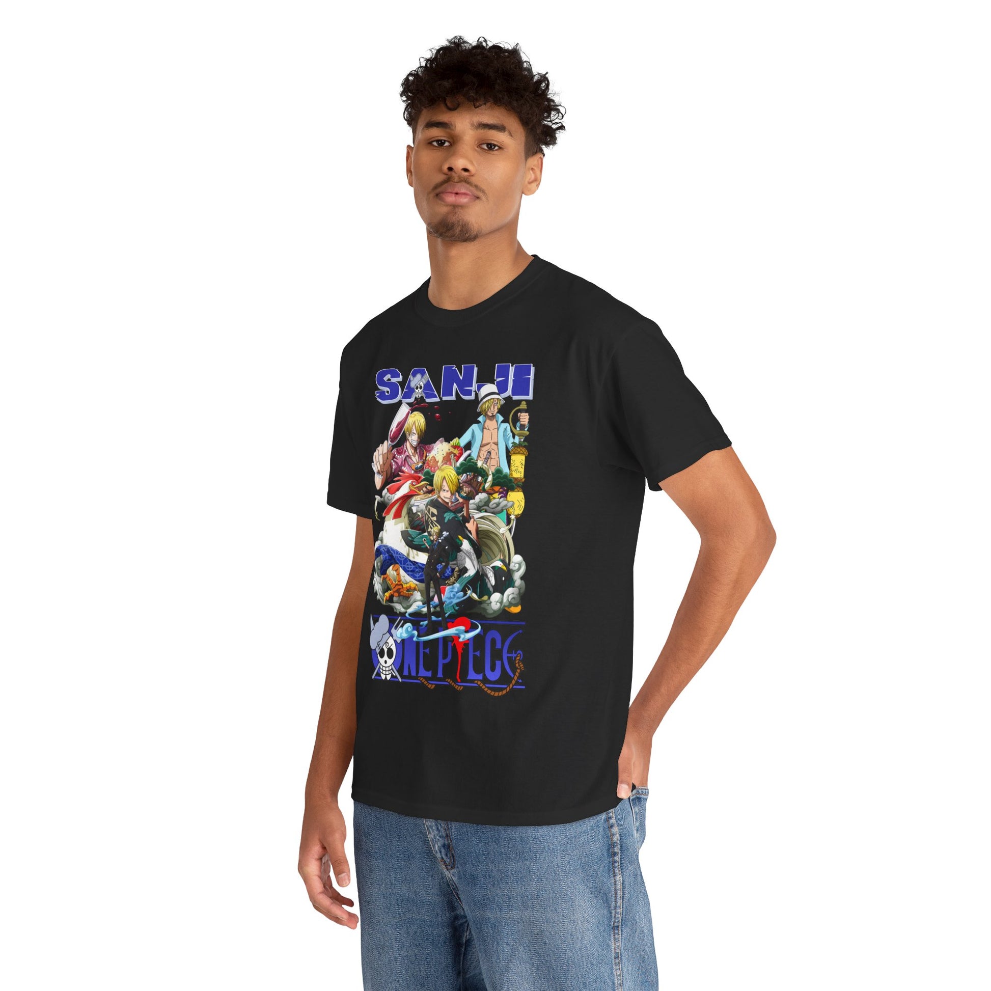 Fashionable model showcasing a premium black t-shirt adorned with a dynamic One Piece Sanji graphic, perfect for casual adventures or anime conventions.