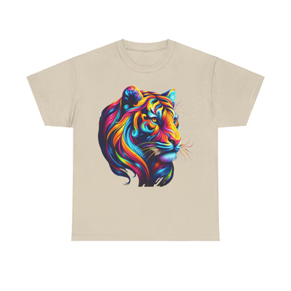 Tiger's Whimsy Graphic Unisex T-Shirt featuring vibrant artisan design with intricate tiger artwork on a light background, showcasing a kaleidoscope of vivid colours that embody the fierce spirit of the tiger.