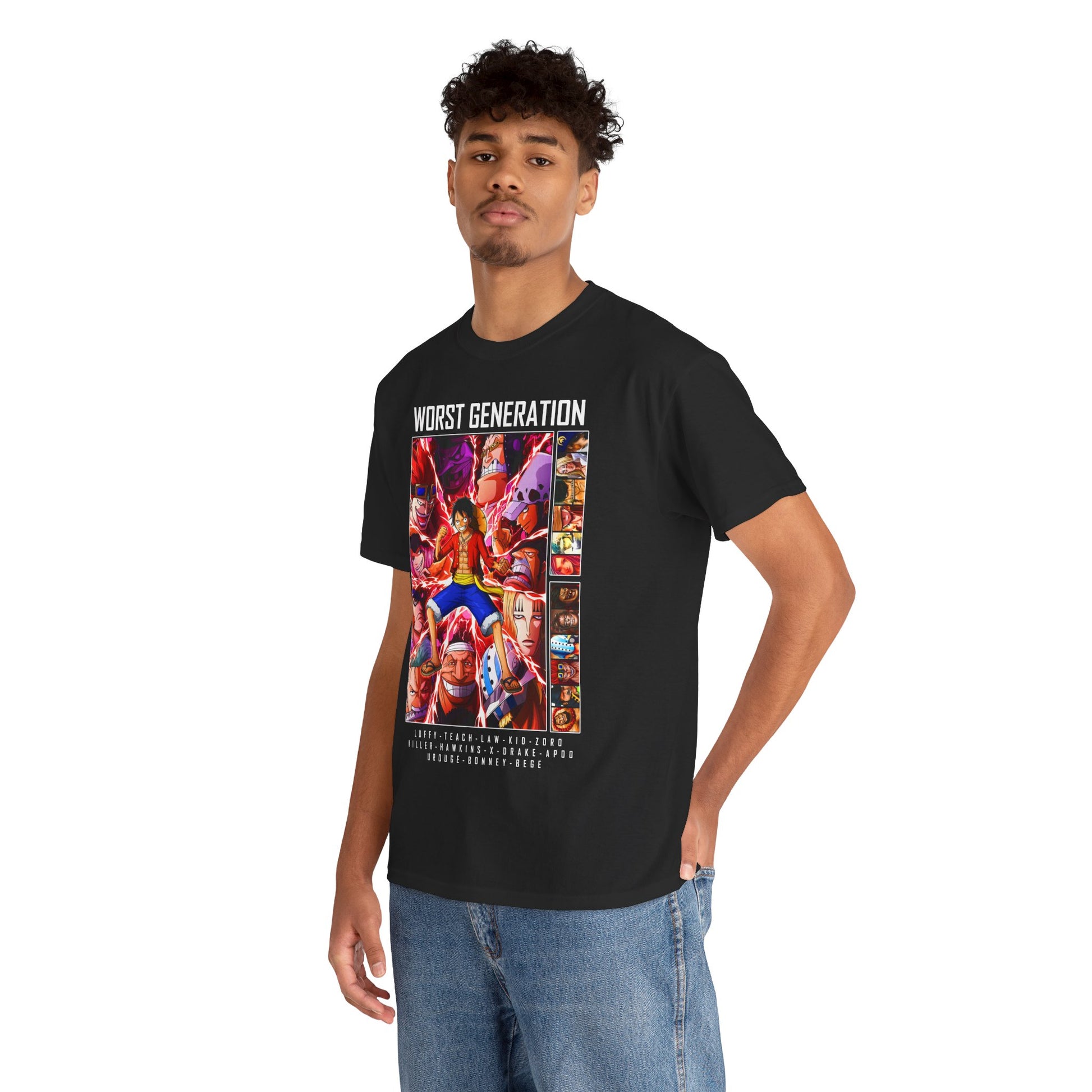 Stylish young man wearing a premium black T-shirt showcasing vibrant artwork of the"Worst Generation" from One Piece, perfect for anime enthusiasts.