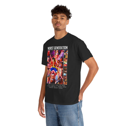 Stylish young man wearing a premium black T-shirt showcasing vibrant artwork of the"Worst Generation" from One Piece, perfect for anime enthusiasts.