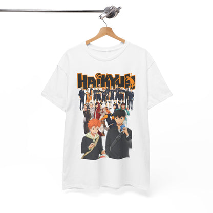 Sophisticated Haikyuu!! All-Stars T-shirt displayed on a hanger, capturing intricate designs of key characters, perfect for any fashion-forward anime lover.