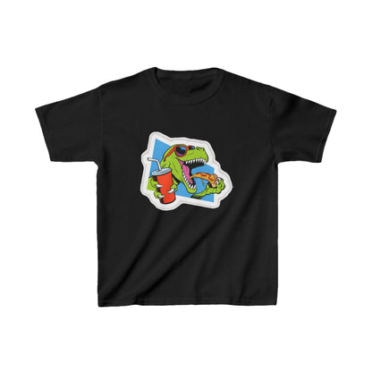 Luxury Unisex Kids T-Rex Pizza Cotton T-Shirt featuring a vibrant graphic design of a playful T-Rex enjoying pizza and a drink, perfect for a stylish child's wardrobe.