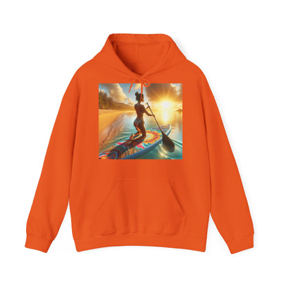 Fantasy Paddleboarding Unisex Hooded Sweatshirt in bright orange, showcasing stunning paddleboarding design, ideal for outdoor enthusiasts and those seeking unique fashion.