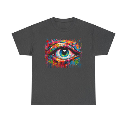 Sleek charcoal grey unisex t-shirt adorned with the stunning 'Visionary Drip' graphic, highlighting a colourful eye illustration, perfect for fashion-forward individuals.