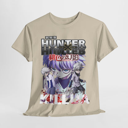 Chic presentation of a Hunter x Hunter t-shirt with a detailed print of Killua and Gon, styled elegantly to enhance casual outfits.