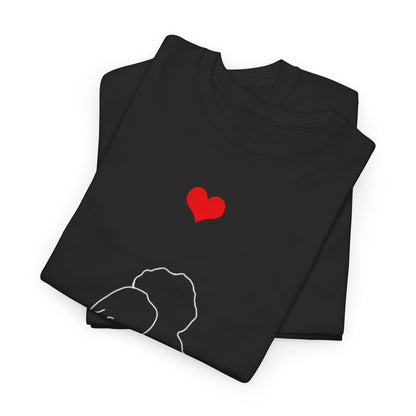 Valentines Day Lovers Gift Mens Womens Graphic T-Shirt featuring a neatly folded black tee with a simple illustration of a couple embracing and a red heart, ideal for gifting or casual wear.